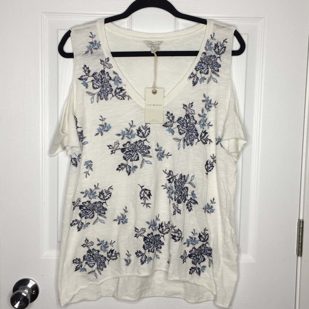 Lucky Brand - Floral Embroidery Cold Shoulder Tee